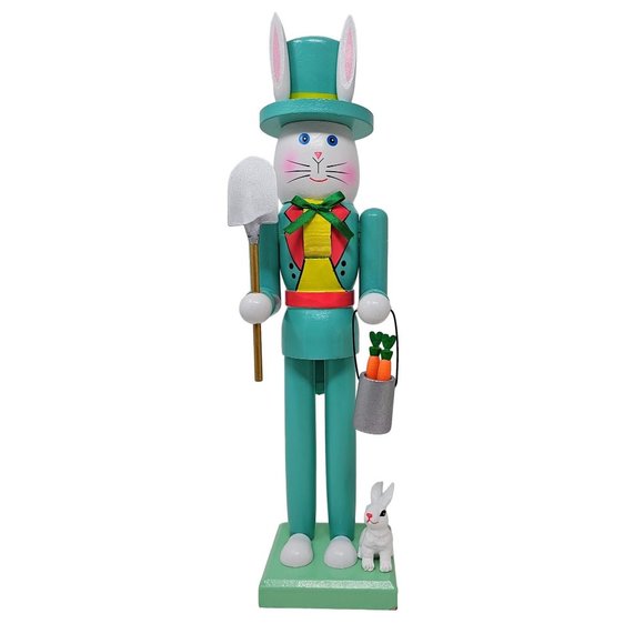 Easter Bunny 15" Nutcracker Wood Gardener Boy Rabbit Carrots - Picture 1 of 3